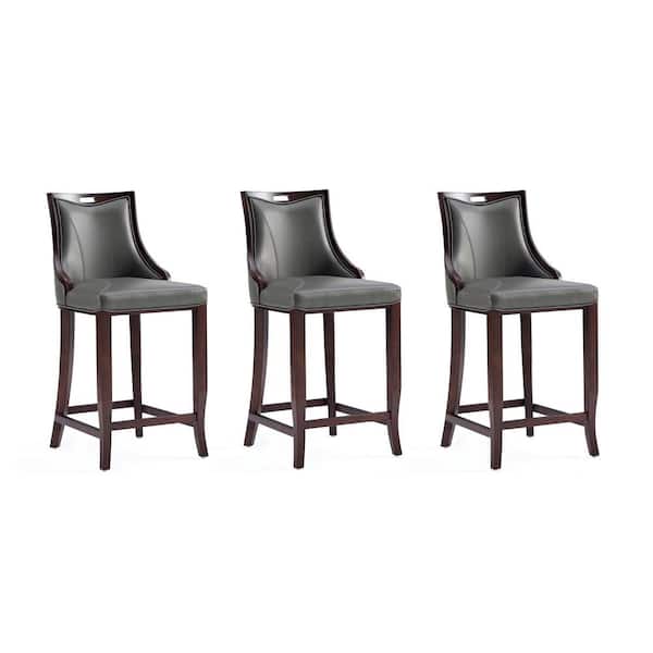 Manhattan Comfort Emperor 27 in. Pebble Grey Beech Wood Barstool with Faux Leather Upholstered Seat (Set of 3)