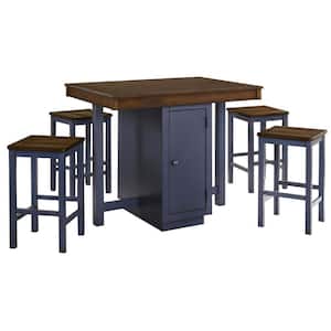 5-Piece Rectangle Brown and Blue Wood Top Counter Height Dining Table Set (Seats 4)