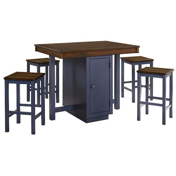 Benjara 5-Piece Rectangle Brown and Blue Wood Top Counter Height Dining Table Set (Seats 4)