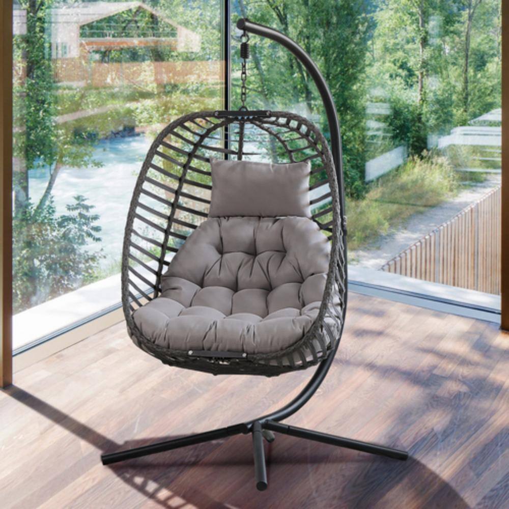 Rattan Weather Resistant Foldable Hanging Hammock Egg Chair with Stand for 