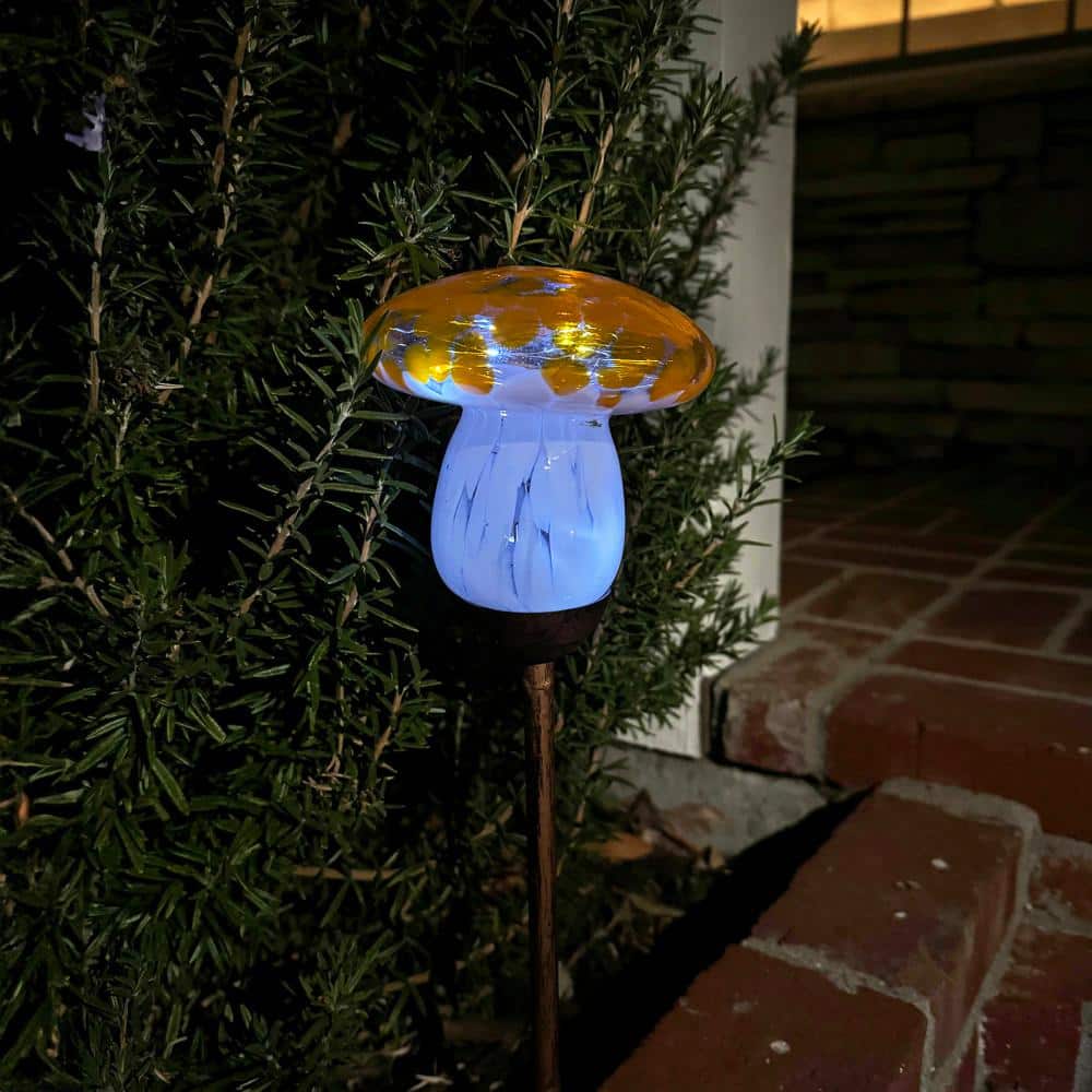 Solar Orange and White Glass Mushroom Garden Stake
