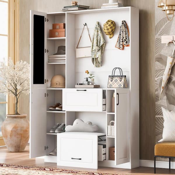 Harper & Bright Designs White 51.1 in. W Hall Tree with Integrated Shoe Cabinet, Foldable Seat, Mirrored Cabinet Door, Entryway Bench
