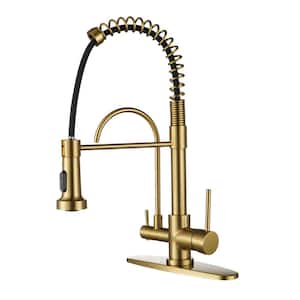 Double-Handles Pull Down Sprayer Kitchen Faucet with Drinking Water Filter in Solid Brass in Brushed Gold