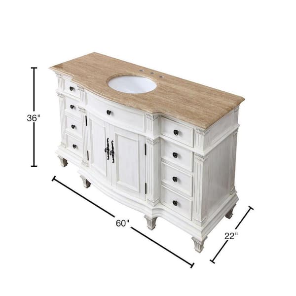 Silkroad Exclusive 60 in. W x 22 in. D Vanity in Antique White with Stone  Vanity Top in Travertine with White Basin V0303TW60C - The Home Depot