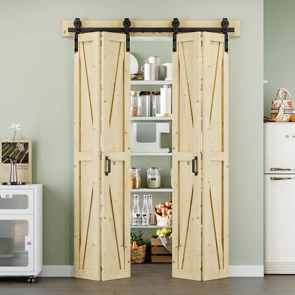 50 in. x 84 in. Paneled K Shape Solid Pine Wood Unfished Bi-Fold Sliding Barn Door with Hardware Kit and Handle