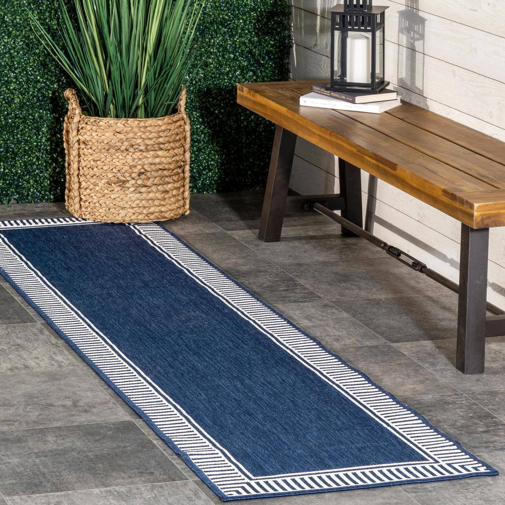 Navy and White Striped Synthetic 2' x 8' Runner Rug