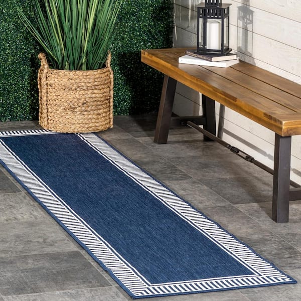 Asha Simple Border Navy 2 ft. x 8 ft. Indoor/Outdoor Runner Rug