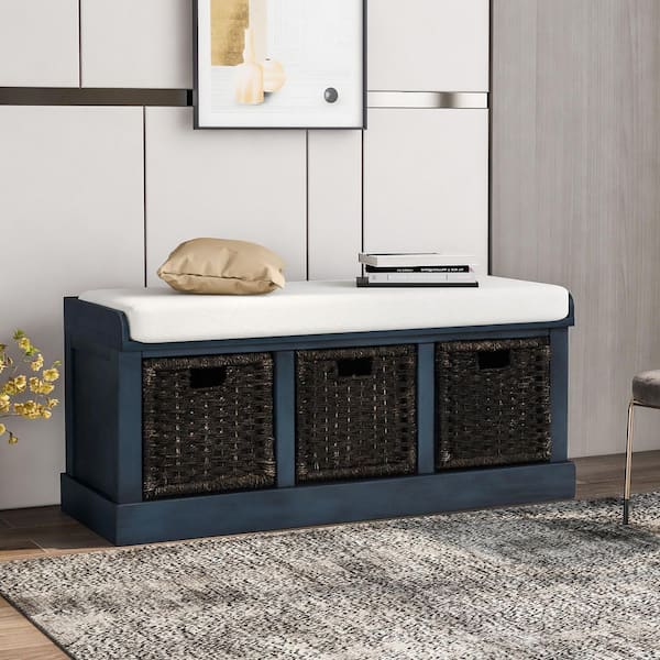 Orson 17 in. H x 43.7 in. W Antique Navy Wood Shoe Storage Bench with Cushion and Removable Baskets