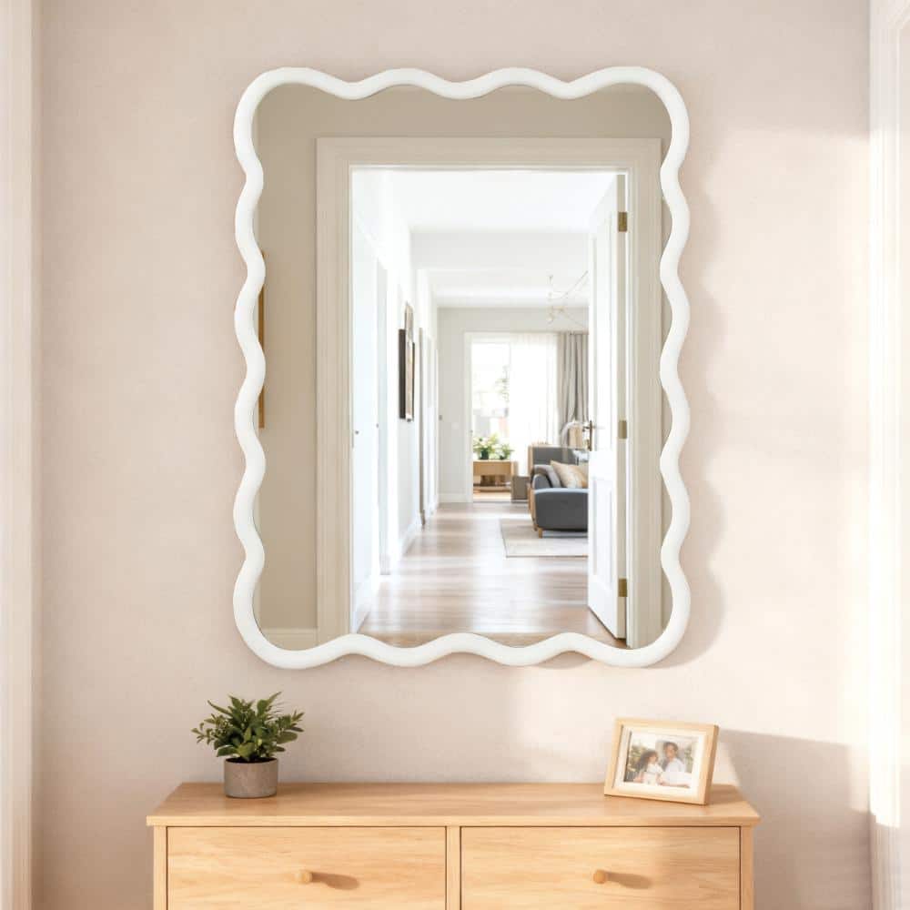 30 in. W x 40 in. H Wavy Rectangle White Solid Wood Frame Decorative Mirror