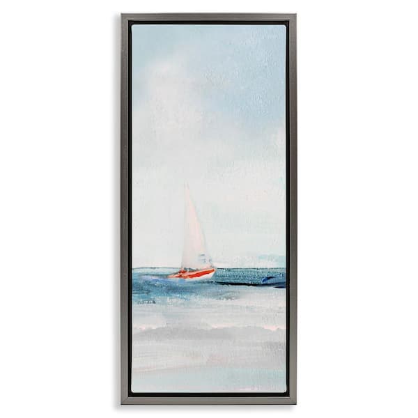 Stupell Industries Sailboat in Distance by Sally Swatland Gray Floater Frame Coastal Graphic Art Print 25 in. x 11 in.