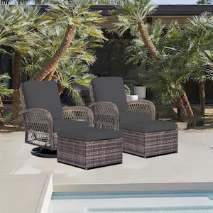 4-Piece Grey Patio Wicker Bistro Furniture Set with 2 Cushioned Swivel Outdoor Rocking Chair with Cushion and 2 Ottomans