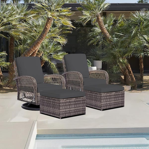 JEAREY 4-Piece Grey Patio Wicker Bistro Furniture Set with 2 Cushioned Swivel Outdoor Rocking Chair with Cushion and 2 Ottomans