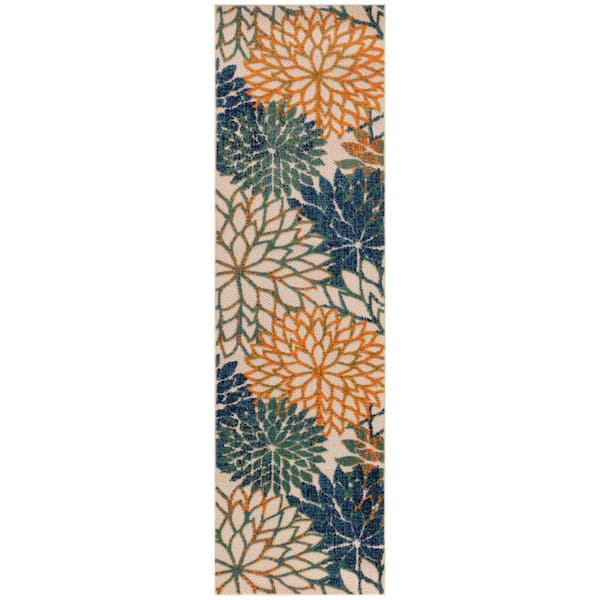 Nourison Aloha Blue Green 2 ft. x 8 ft. Floral Contemporary Runner Indoor/Outdoor Area Rug