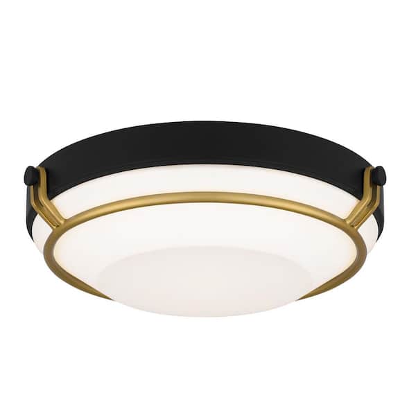 DSI LIGHTING 12 in. Matte Black and Gold Integrated LED Flush Mount with White Acrylic Shade