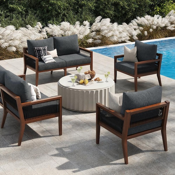 Freya Bohemian 4-Piece Outdoor Couch Patio Furniture Set, Solid Acacia Wood Frame Conversation Set, Dark Gray Cushions