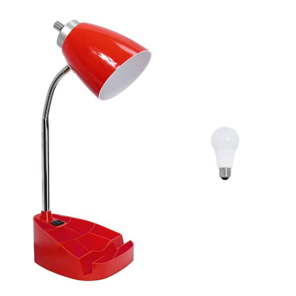 Simple Designs 18.5 in. Organizer Gooseneck Desk Lamp with iPad Tablet Stand Book Holder and Charging Outlet, with LED Bulb, Red