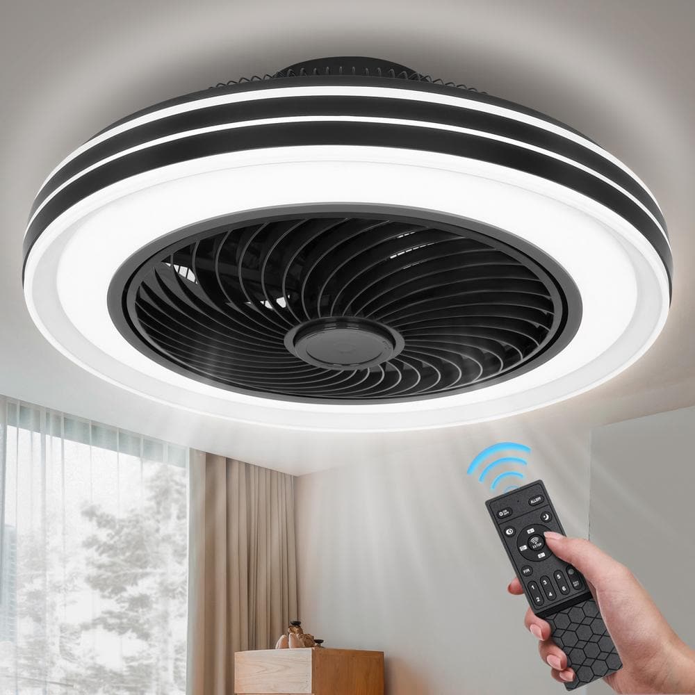 20 in. Indoor Black Modern Low Profile Ceiling Fan with LED Light Caged Enc