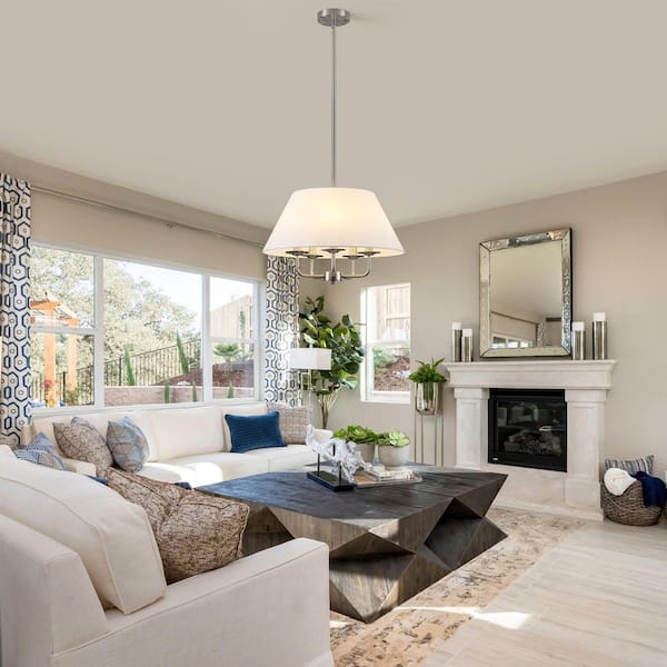Modern Farmhouse Sand Nickel 18.9 in. 5-Light Pendant Light with Cone Pure White Fabric Shade