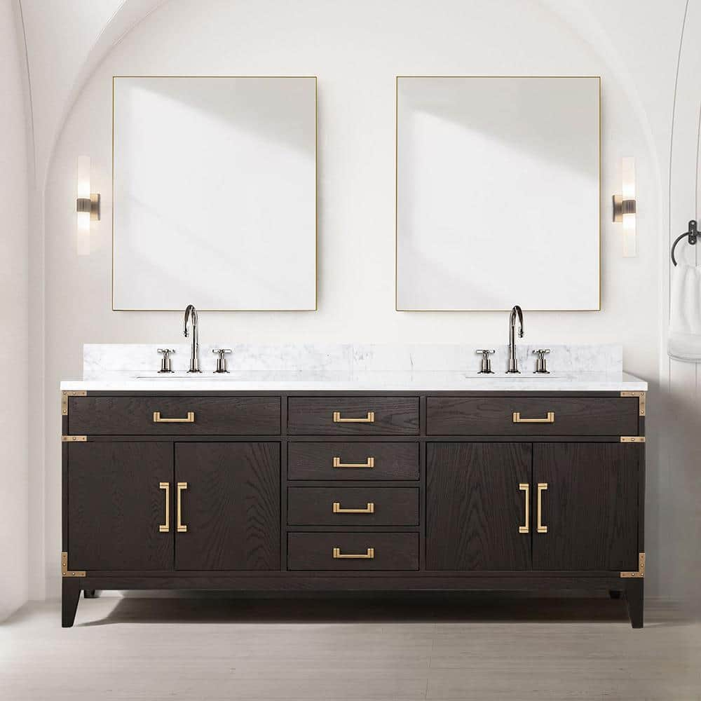 Lexora Fossa 80 in W x 22 in D Brown Oak Double Bath Vanity and Carrara ...