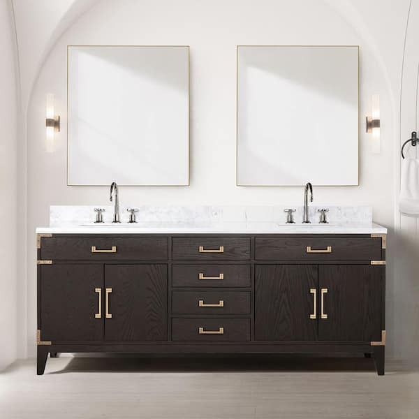 Lexora Fossa 80 in W x 22 in D Brown Oak Double Bath Vanity and Carrara Marble Top
