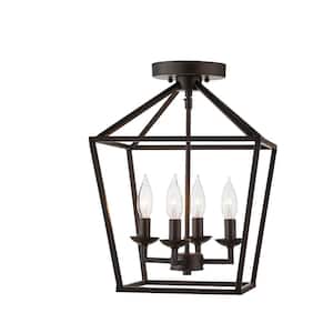 Weyburn 16.5 in. 4-Light Bronze Farmhouse Semi-Flush Mount Ceiling Light Fixture with Caged Metal Shade