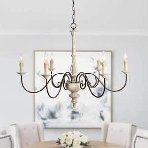 Wood Candlestick Chandelier, 6-Light Distressed White Farmhouse Chandelier for Living Room with French Country Flair