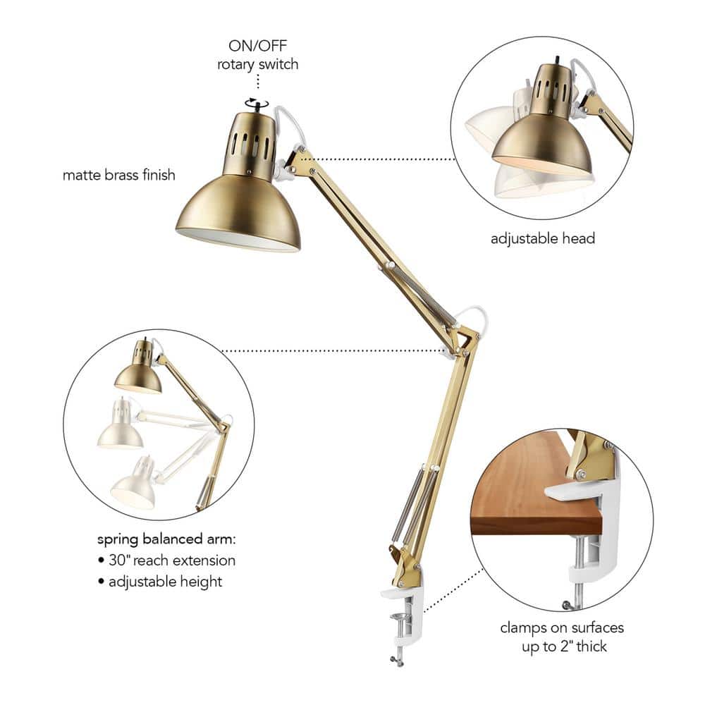 Adjustable Gold Clip-On Desk Lamp with Metal Clamp