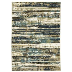 Ross Beige/Blue 5 ft. x 8 ft. Stripe Abstract Polypropylene/Polyester Fringed Indoor Area Rug