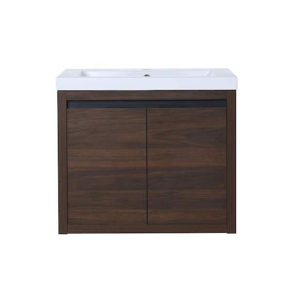 24 in. Wall-Mounted Single Brown Bath Vanity with White Resin Vanity Top Unassembled