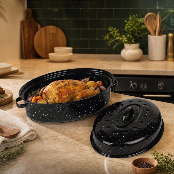 9.5 qt. Covered Oval Black Non-Stick Carbon Steel Roasting Pan with Lid for Turkey, Chicken, Meat and Vegetables