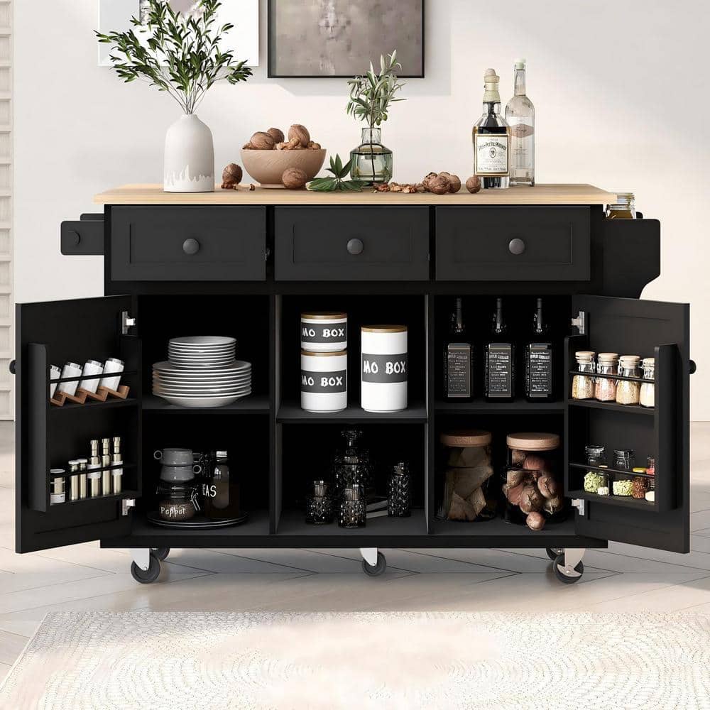 Black Solid Wood Top 53.1 in. Kitchen Island with Drop Leaf, Cabinet door internal storage racks and 3 Drawers