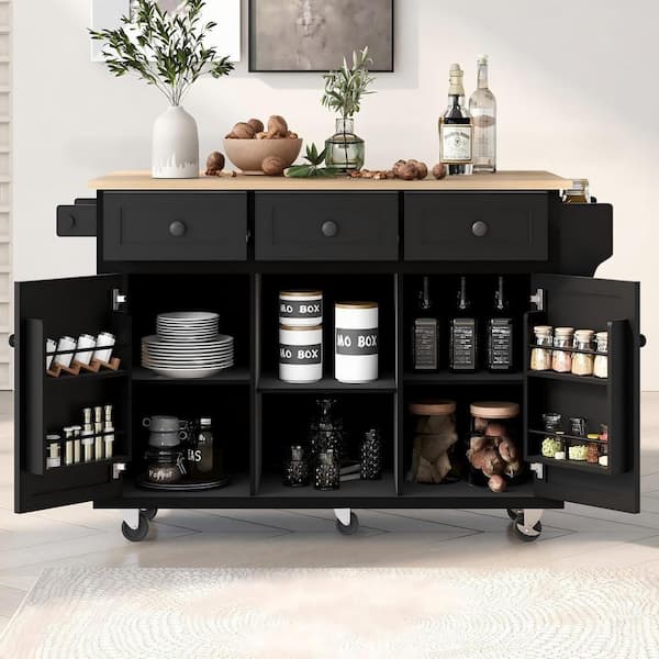 Black Solid Wood Top 53.1 in. Kitchen Island with Drop Leaf, Cabinet door internal storage racks and 3 Drawers