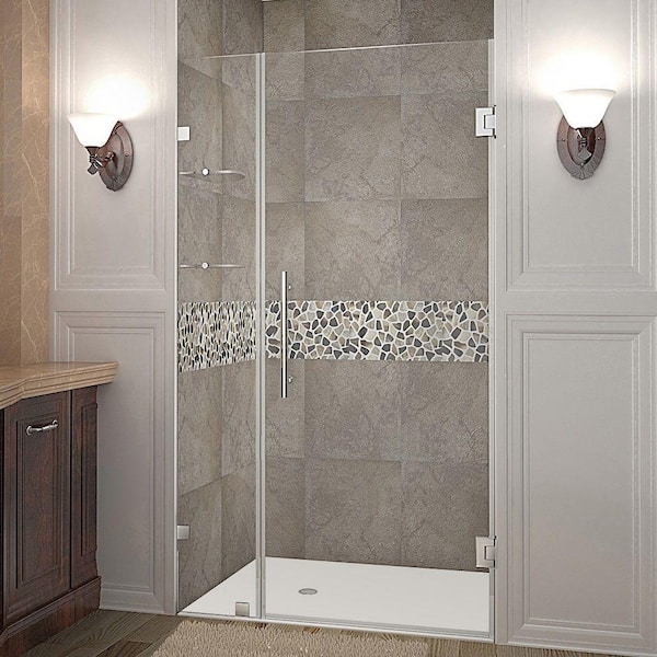 Aston Nautis GS 41 in. x 72 in. Frameless Hinged Shower Door in Stainless Steel with Glass Shelves