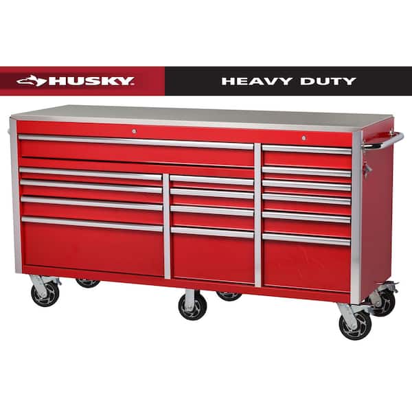 Husky 72 in. W x 24 in. D Heavy Duty 15-Drawer Mobile Workbench Cabinet with Stainless Steel Top in Gloss Red