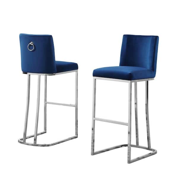 Best Quality Furniture Erin 29 in. H Navy Blue Low Back Bar Stool Chair With Silver Chrome Base and Back Ring With Velvet Fabric (Set of 2)
