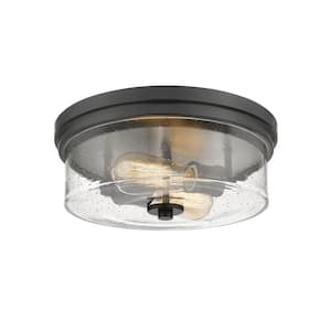 12 in. 2-Light Matte Black Flush Mount with Clear Seedy Shade