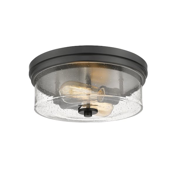 Unbranded 12 in. 2-Light Matte Black Flush Mount with Clear Seedy Shade