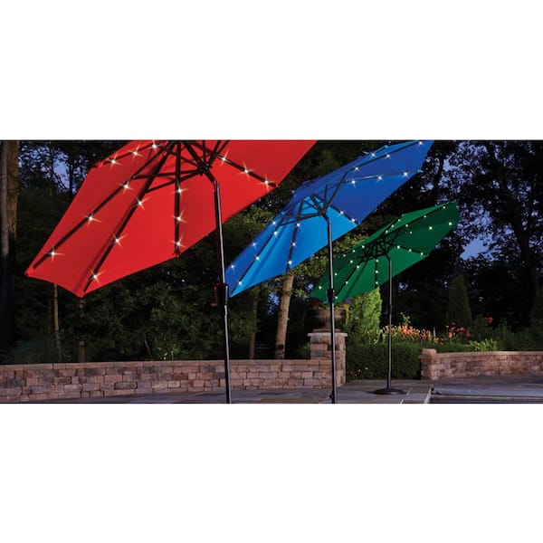 living accents 9 ft tiltable red market patio umbrella Terrace Arc Scalloped Fringe Half with Crank, Tilt Button and UV Protection Coral Pink/Brown Pole Enhance your outdoor living space with the Living Accents Solar LED 9 ft Living Accents Solar Led 9