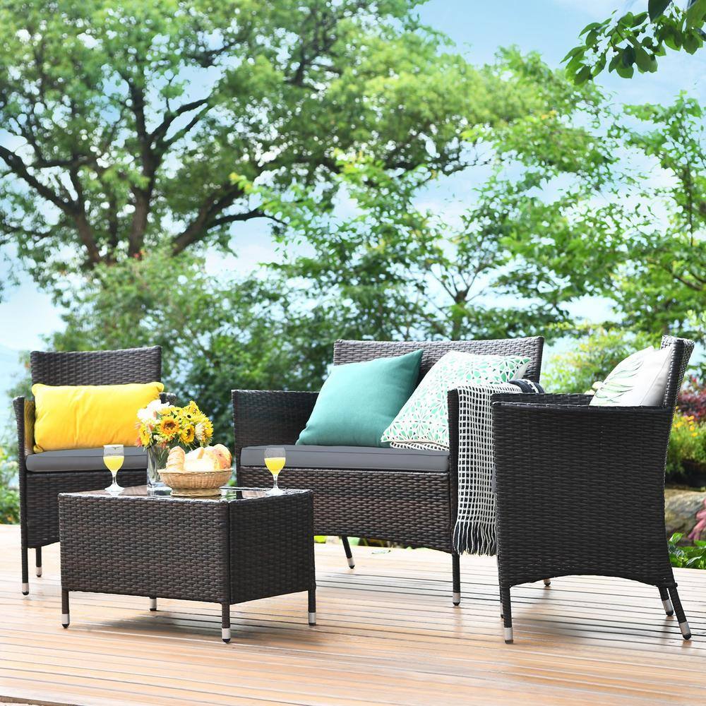 4-Piece Gray Rattan Wicker Patio Sofa Set with Cushions and Coffee Table