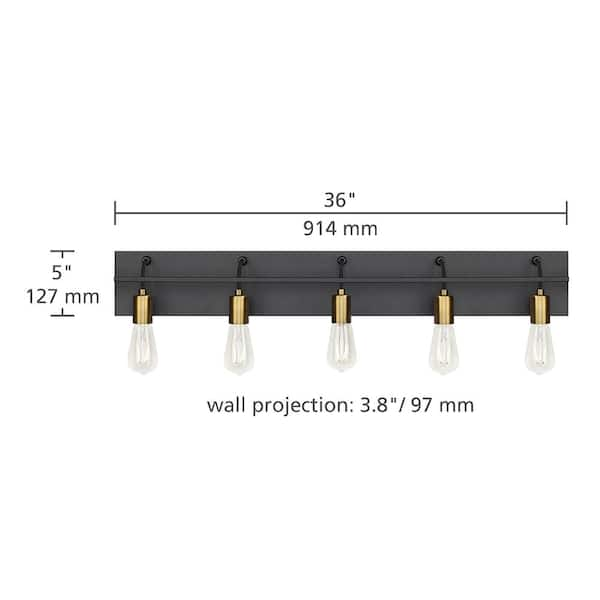 Lbl Lighting Tae 36 In W 5 Light Black Industrial Metal Bathroom Vanity Light With Aged Brass Socket Cups And Black Cords Ba1083blab The Home Depot