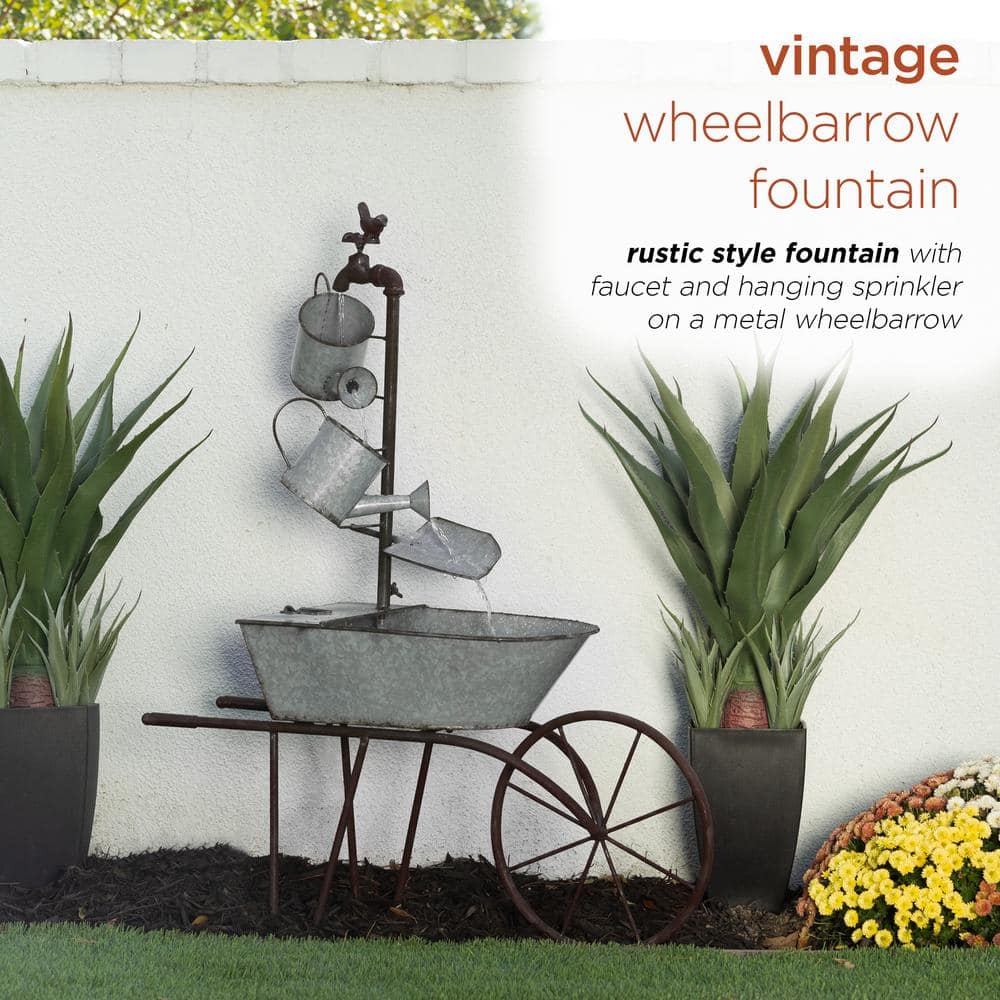 36" Silver Metal Wheelbarrow and Watering Can Fountain