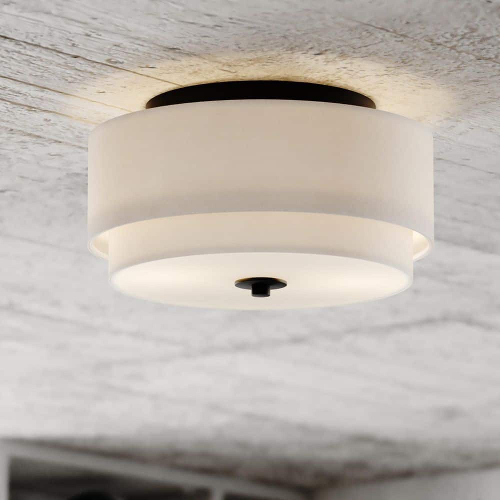Burnaby 13 in. W Black Mid-Century Modern Flush Mount Ceiling Light Fixture White Fabric Drum Shade price history on PriceWatchPro