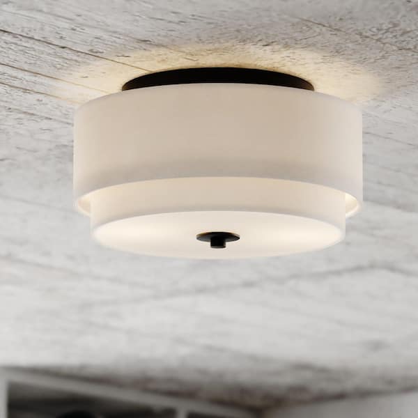 VAXCEL Burnaby 13 in. W Black Mid-Century Modern Flush Mount Ceiling Light Fixture White Fabric Drum Shade