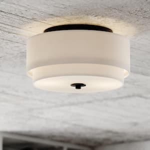 Burnaby 13 in. W Black Mid-Century Modern Flush Mount Ceiling Light Fixture White Fabric Drum Shade