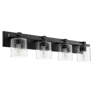 Kaplan, 33 in. W 4-Lights, Textured Black Fixture Color Finish Vanity Light with Seeded Glass Shades