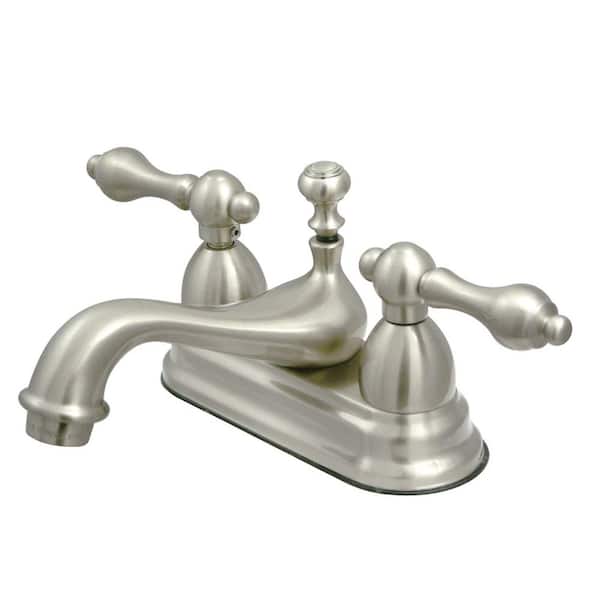 Kingston Brass Restoration 4 in. Centerset 2-Handle Bathroom Faucet with Brass Pop-Up in Brushed Nickel