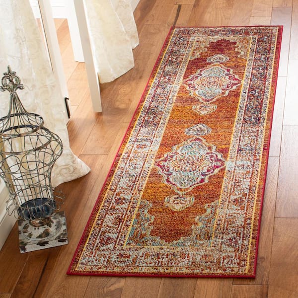 Crystal 2 ft. x 13 ft. Orange/Light Blue Border Medallion Runner Rug
