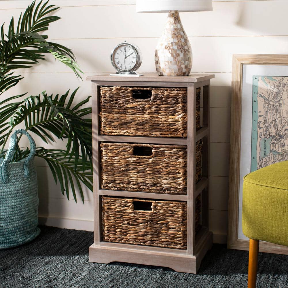 Transitional Brown Pine Wood Rectangular Side Table with 3 Wicker Baskets