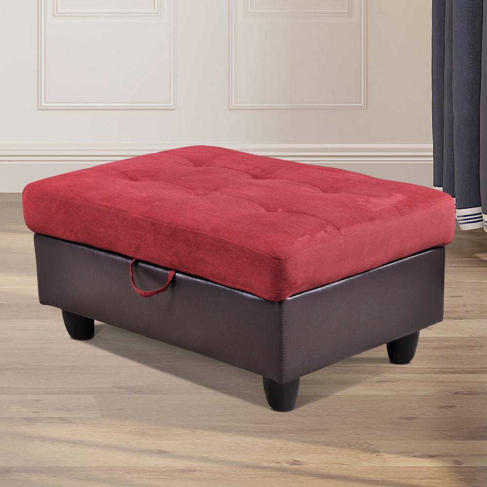 34 in. W Red and Brown Flannel Polyester Blend Rectangle Ottoman with Stora