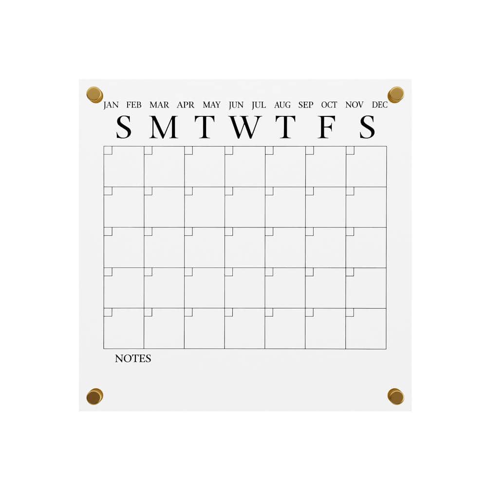 Clear Acrylic Monthly Wall Calendar with Black Print and Dry Erase Marker